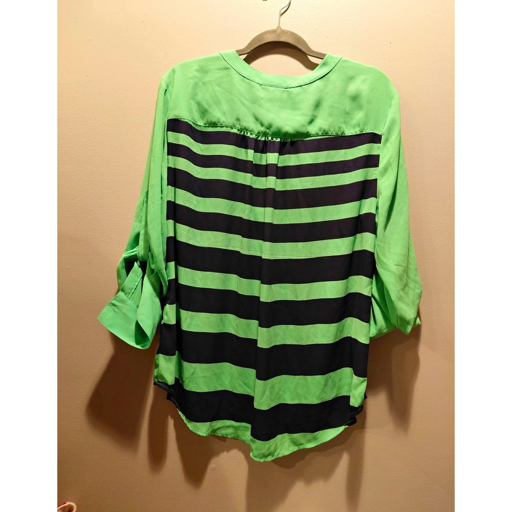 60-New York & Company Green/Blue Striped Chiffon V-Neck Roll Tab Blouse XL